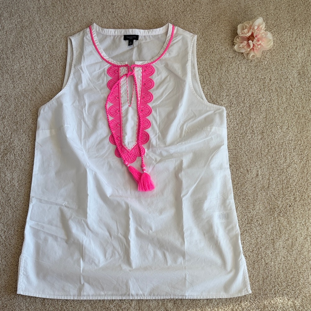 Talbots White Sleeveless Tunic with Hot Pink Tassel Trim, SP